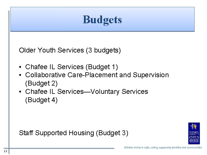 Budgets Older Youth Services (3 budgets) • Chafee IL Services (Budget 1) • Collaborative