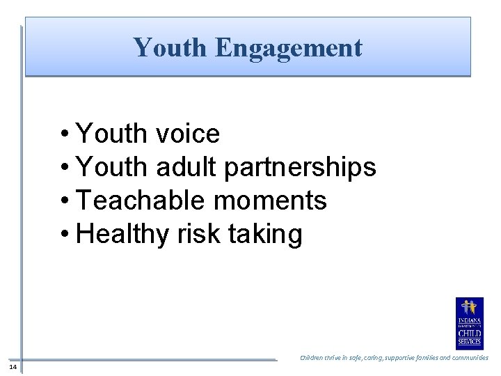 Youth Engagement • Youth voice • Youth adult partnerships • Teachable moments • Healthy