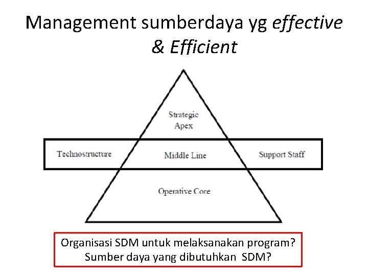 Management sumberdaya yg effective & Efficient Organisasi SDM untuk melaksanakan program? Sumber daya yang