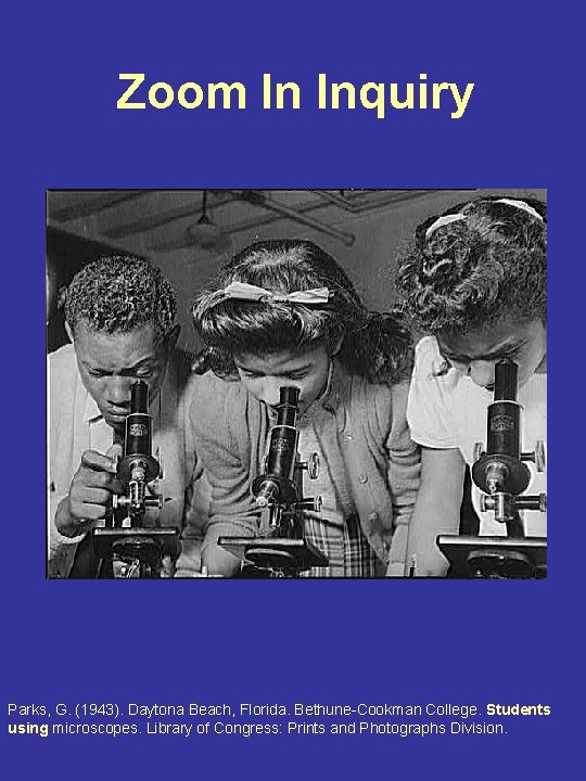 Zoom In Inquiry Parks, G. (1943). Daytona Beach, Florida. Bethune-Cookman College. Students using microscopes.