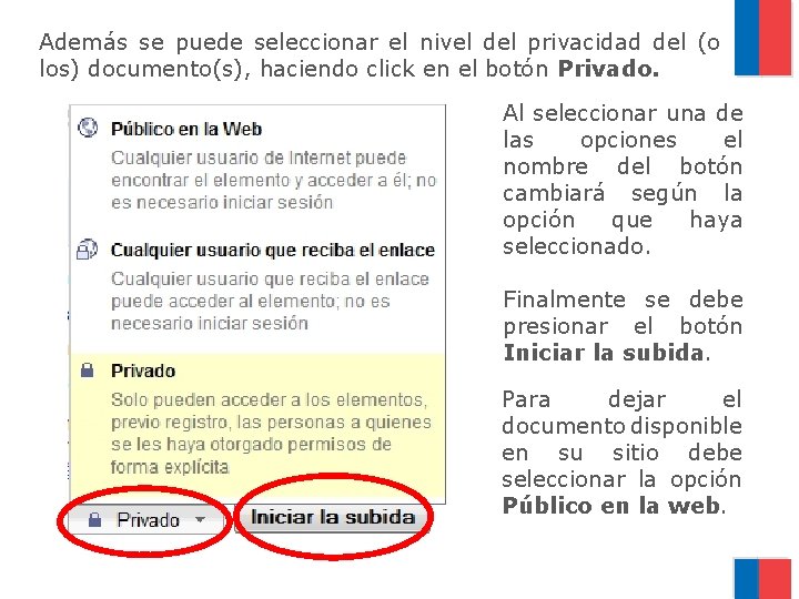 Además se puede seleccionar el nivel del privacidad del (o los) documento(s), haciendo click