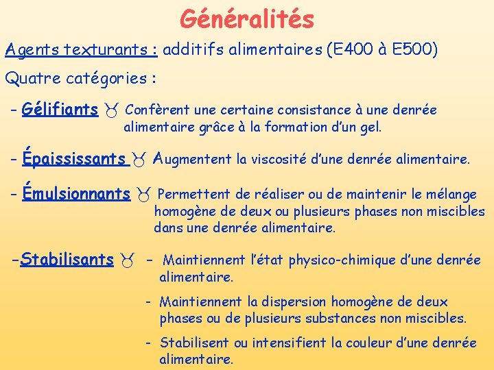Généralités Agents texturants : additifs alimentaires (E 400 à E 500) Quatre catégories : Généralités Agents texturants : additifs alimentaires (E 400 à E 500) Quatre catégories :