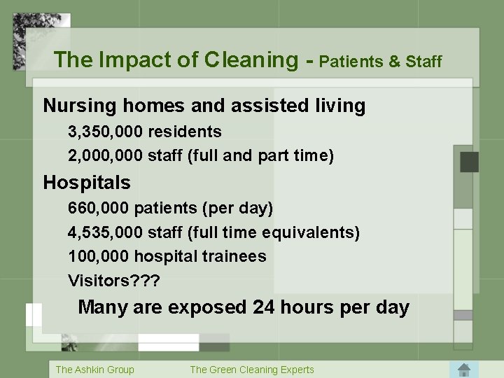 The Impact of Cleaning - Patients & Staff Nursing homes and assisted living 3,
