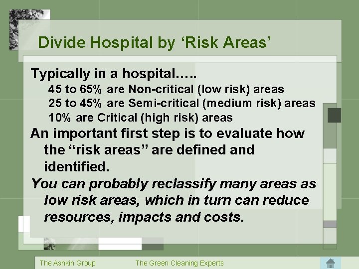 Divide Hospital by ‘Risk Areas’ Typically in a hospital…. . 45 to 65% are