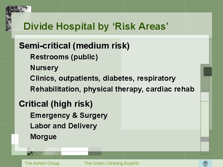 Divide Hospital by ‘Risk Areas’ Semi-critical (medium risk) Restrooms (public) Nursery Clinics, outpatients, diabetes,