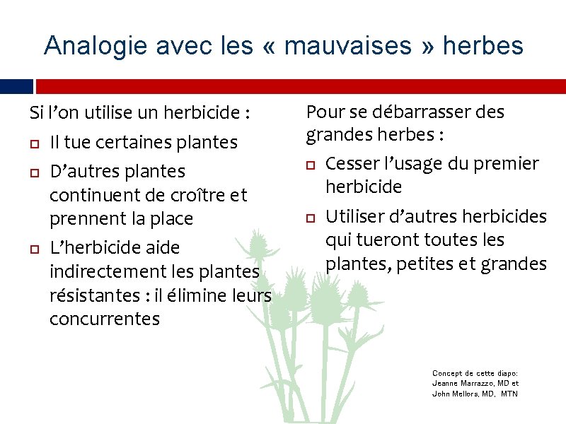 Analogie avec les « mauvaises » herbes Si l’on utilise un herbicide : Il