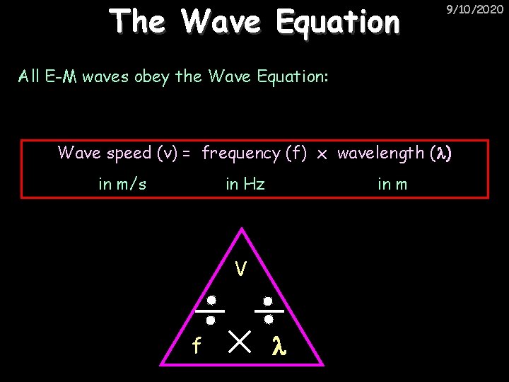 The Wave Equation 9/10/2020 All E-M waves obey the Wave Equation: Wave speed (v)