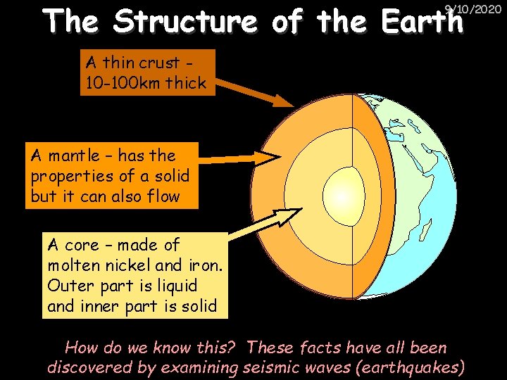 The Structure of the Earth 9/10/2020 A thin crust 10 -100 km thick A