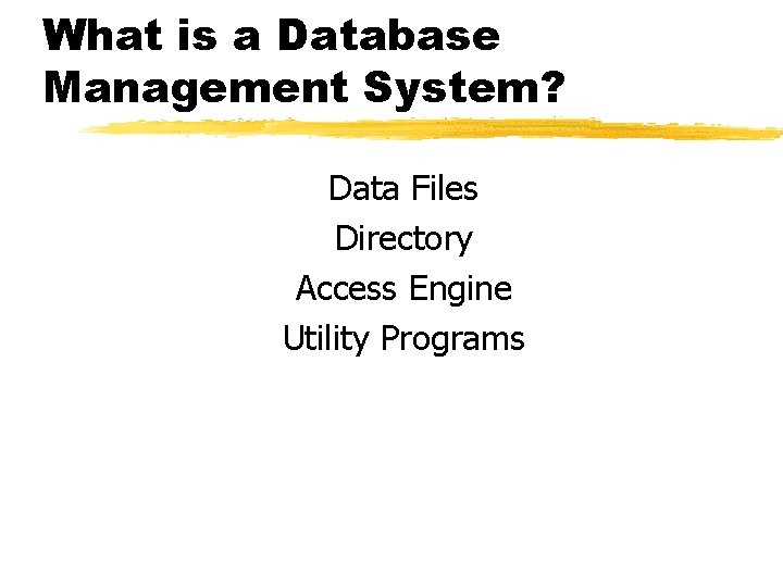 What is a Database Management System? Data Files Directory Access Engine Utility Programs 