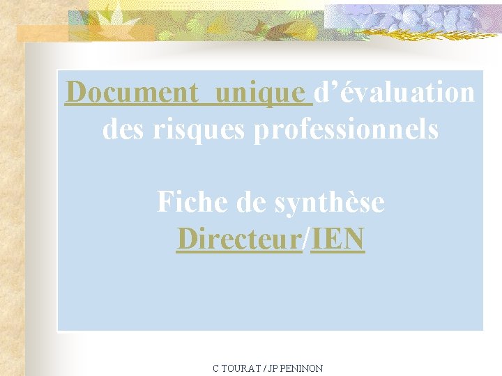 Document unique d’évaluation des risques professionnels Fiche de synthèse Directeur/IEN C TOURAT / JP