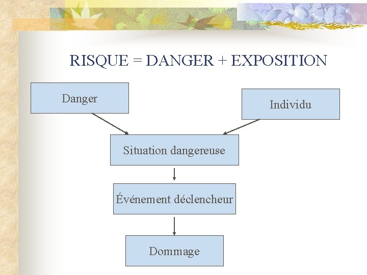 RISQUE = DANGER + EXPOSITION Danger Individu Situation dangereuse Événement déclencheur Dommage 
