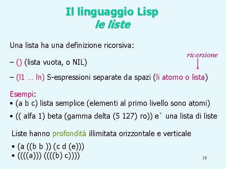 Il linguaggio Lisp le liste Una lista ha una definizione ricorsiva: – () (lista