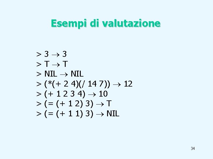 Esempi di valutazione > > > > 3 3 T T NIL (*(+ 2