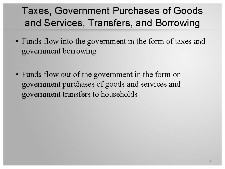 Taxes, Government Purchases of Goods and Services, Transfers, and Borrowing • Funds flow into