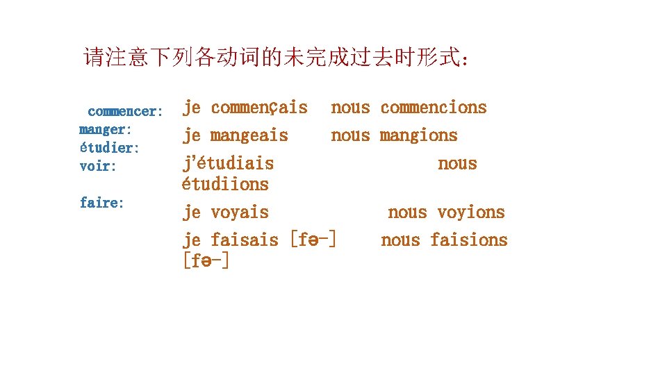 请注意下列各动词的未完成过去时形式： commencer: manger: étudier: voir: faire: je commençais nous je mangeais nous jʼétudiais étudiions