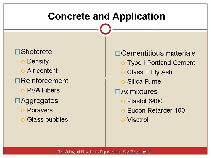 Concrete and Application �Shotcrete Density Air content �Reinforcement PVA Fibers �Aggregates Poravers Glass bubbles