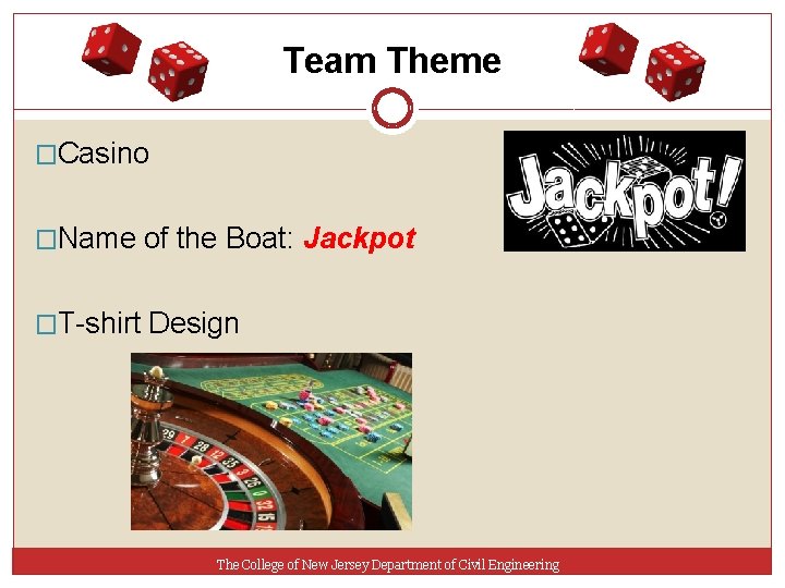 Team Theme �Casino �Name of the Boat: Jackpot �T-shirt Design The College of New