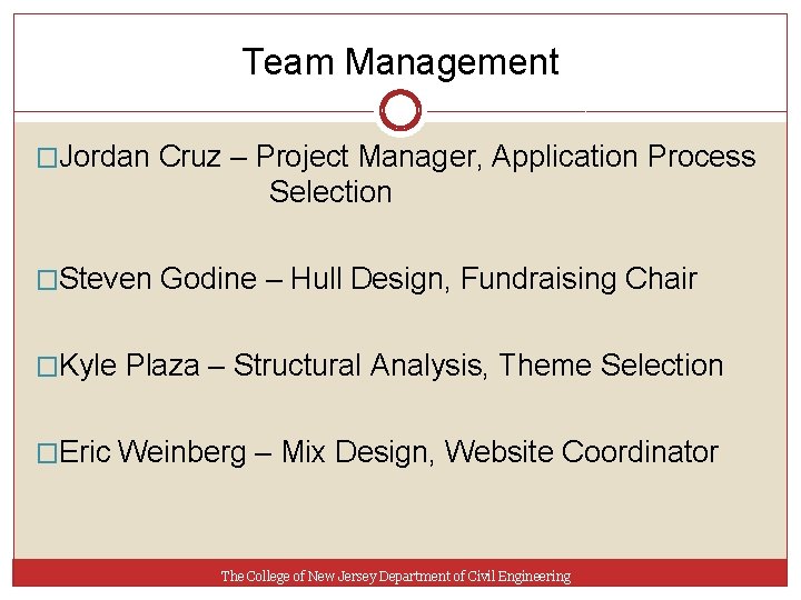 Team Management �Jordan Cruz – Project Manager, Application Process Selection �Steven Godine – Hull