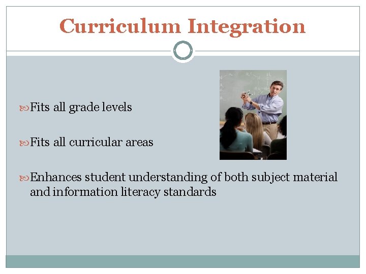 Curriculum Integration Fits all grade levels Fits all curricular areas Enhances student understanding of