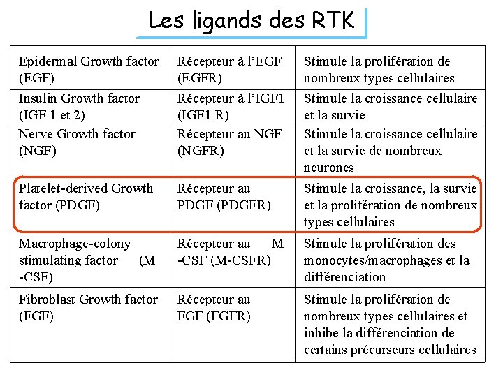 Les ligands des RTK Epidermal Growth factor (EGF) Insulin Growth factor (IGF 1 et