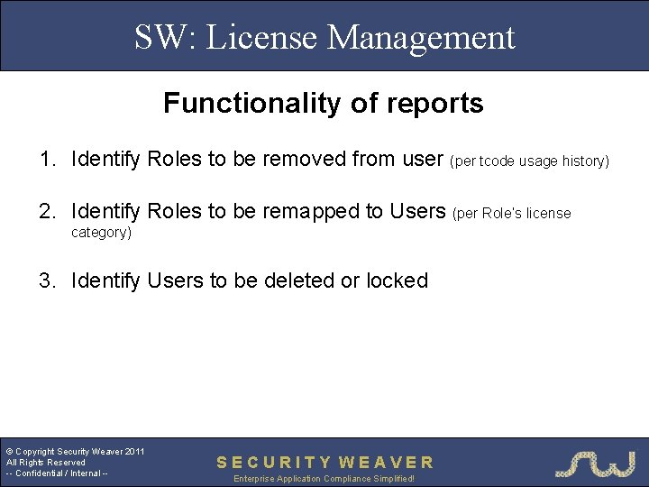 SW: License Management Functionality of reports 1. Identify Roles to be removed from user
