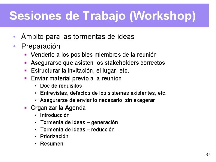 Sesiones de Trabajo (Workshop) • Ámbito para las tormentas de ideas • Preparación §