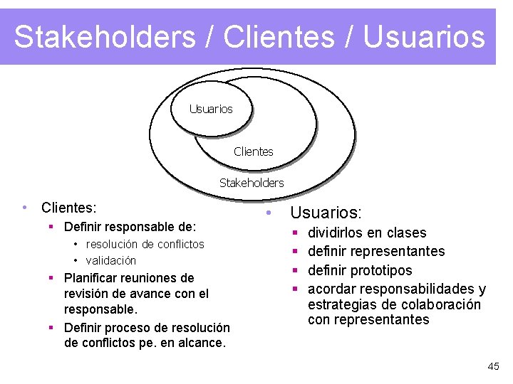 Stakeholders / Clientes / Usuarios Clientes Stakeholders • Clientes: § Definir responsable de: •