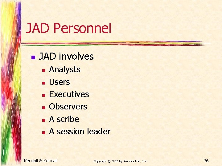 JAD Personnel n JAD involves n n n Analysts Users Executives Observers A scribe