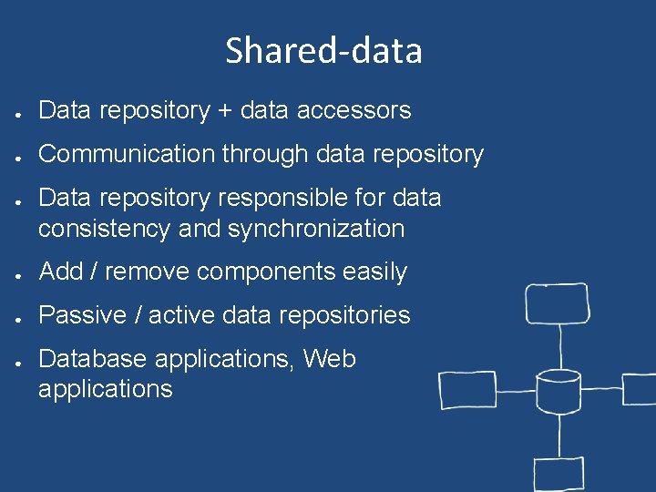 Shared-data ● Data repository + data accessors ● Communication through data repository ● Data