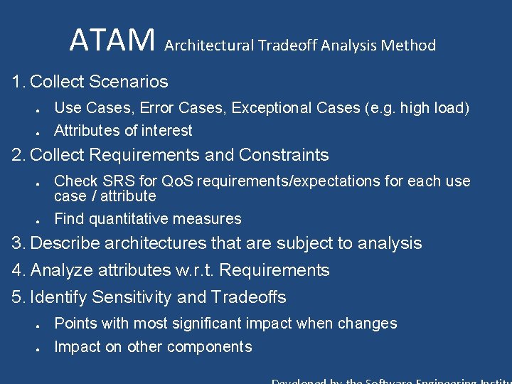 ATAM Architectural Tradeoff Analysis Method 1. Collect Scenarios ● ● Use Cases, Error Cases,