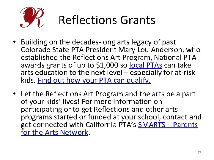 Reflections Grants • Building on the decades-long arts legacy of past Colorado State PTA