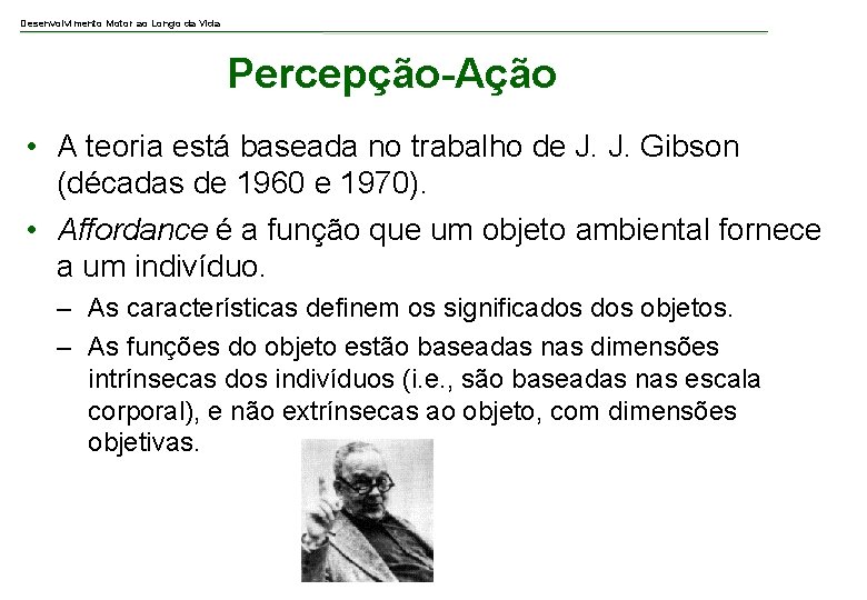 Desenvolvimento Motor ao Longo da Vida Percepção-Ação • A teoria está baseada no trabalho