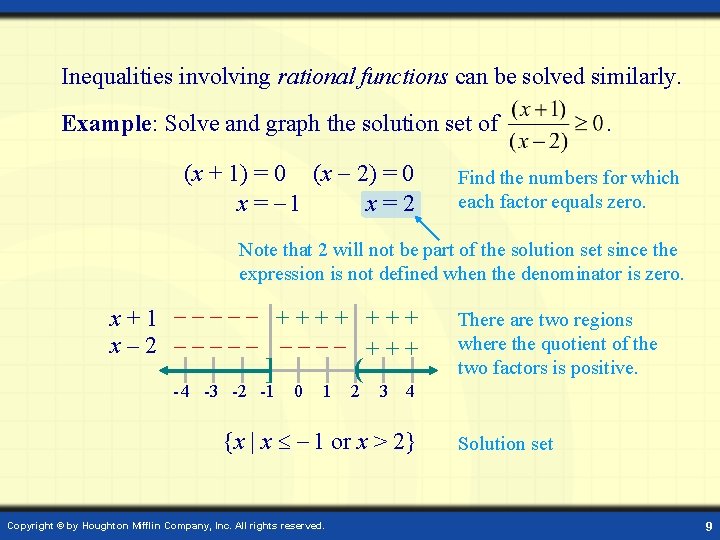 Inequalities involving rational functions can be solved similarly. Example: Solve and graph the solution