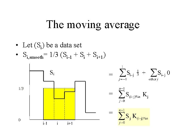 The moving average • Let (Si) be a data set • Si, smooth= 1/3