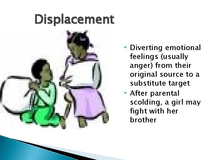 Displacement Diverting emotional feelings (usually anger) from their original source to a substitute target
