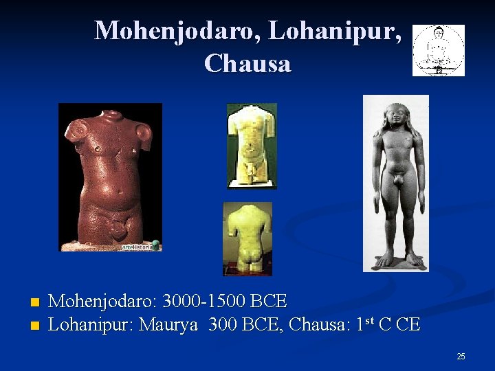 Mohenjodaro, Lohanipur, Chausa n n Mohenjodaro: 3000 -1500 BCE Lohanipur: Maurya 300 BCE, Chausa: Mohenjodaro, Lohanipur, Chausa n n Mohenjodaro: 3000 -1500 BCE Lohanipur: Maurya 300 BCE, Chausa: