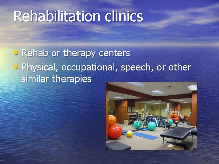 Rehabilitation clinics • Rehab or therapy centers • Physical, occupational, speech, or other similar