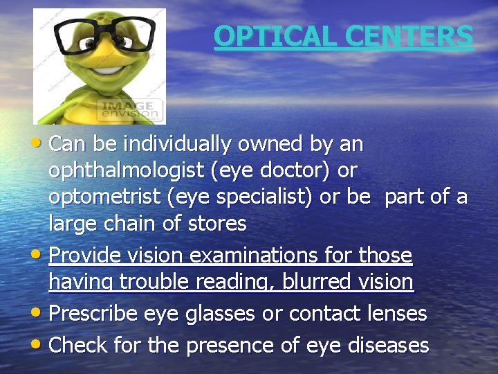 OPTICAL CENTERS • Can be individually owned by an ophthalmologist (eye doctor) or optometrist