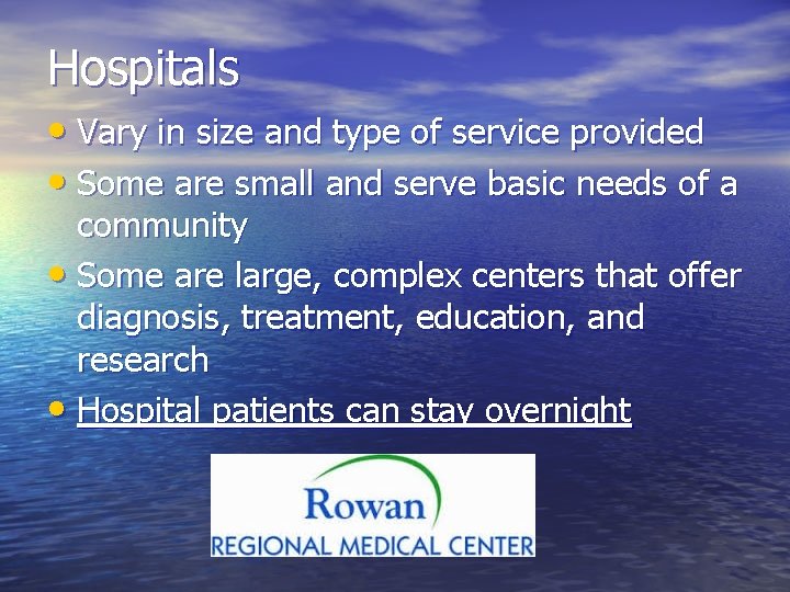 Hospitals • Vary in size and type of service provided • Some are small