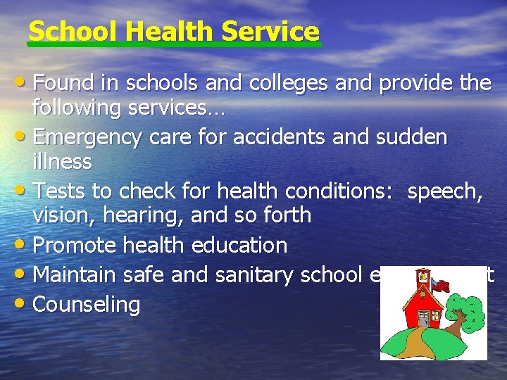 School Health Service • Found in schools and colleges and provide the following services…