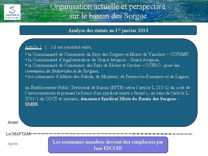 Organisation actuelle et perspective Comité Rivière du 17 Février 2009 sur le bassin des