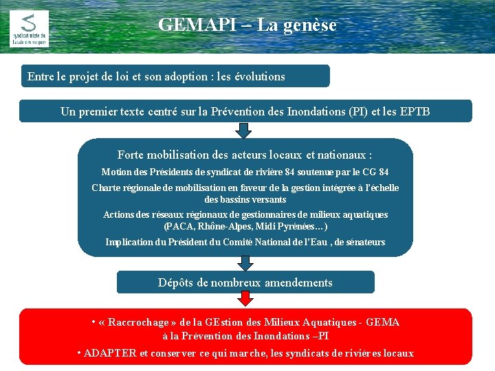 GEMAPI – La genèse Comité Rivière du 17 Février 2009 Entre le projet de