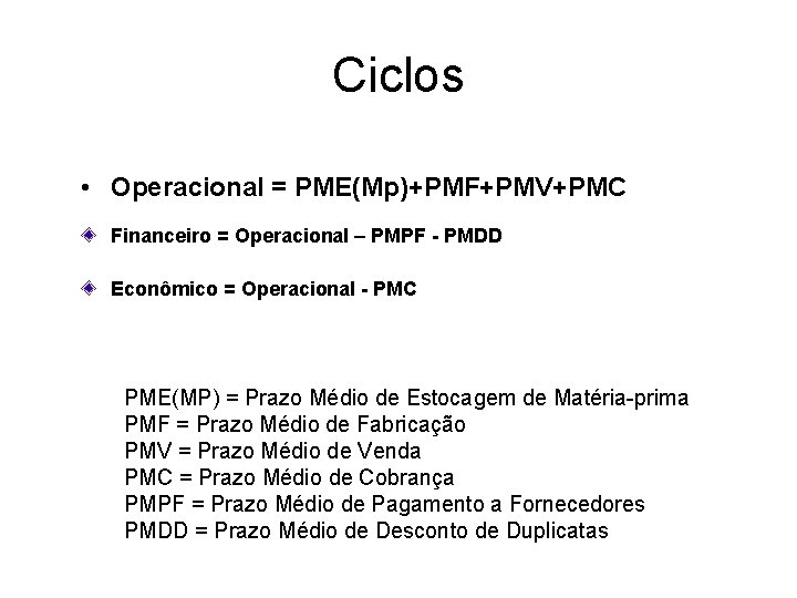 Ciclos • Operacional = PME(Mp)+PMF+PMV+PMC Financeiro = Operacional – PMPF - PMDD Econômico =