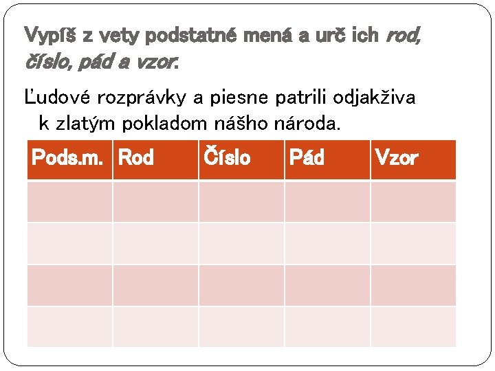 Vypíš z vety podstatné mená a urč ich rod, číslo, pád a vzor: Ľudové