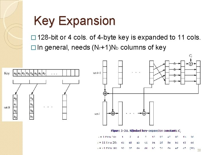 Key Expansion � 128 -bit or 4 cols. of 4 -byte key is expanded