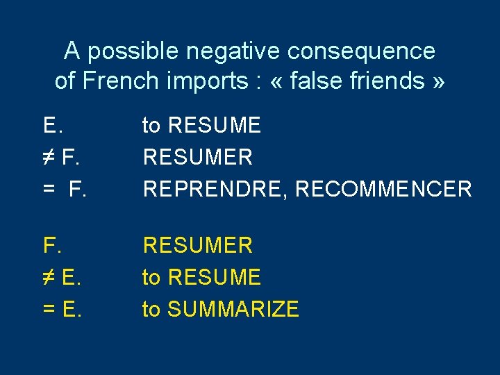 A possible negative consequence of French imports : « false friends » E. ≠ A possible negative consequence of French imports : « false friends » E. ≠
