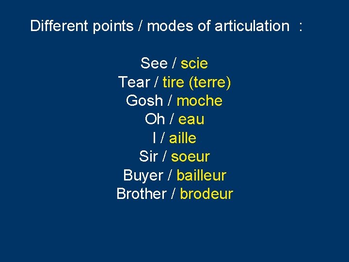 Different points / modes of articulation : See / scie Tear / tire (terre) Different points / modes of articulation : See / scie Tear / tire (terre)