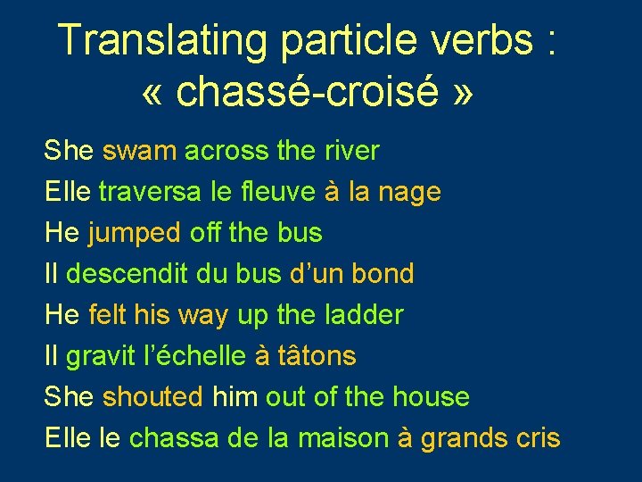Translating particle verbs : « chassé-croisé » She swam across the river Elle traversa Translating particle verbs : « chassé-croisé » She swam across the river Elle traversa