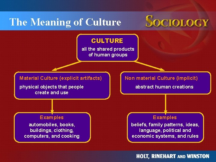 The Meaning of Culture CULTURE all the shared products of human groups Material Culture