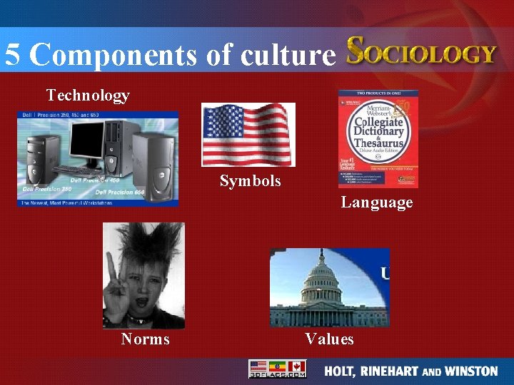 5 Components of culture Technology Symbols Language Norms Values 